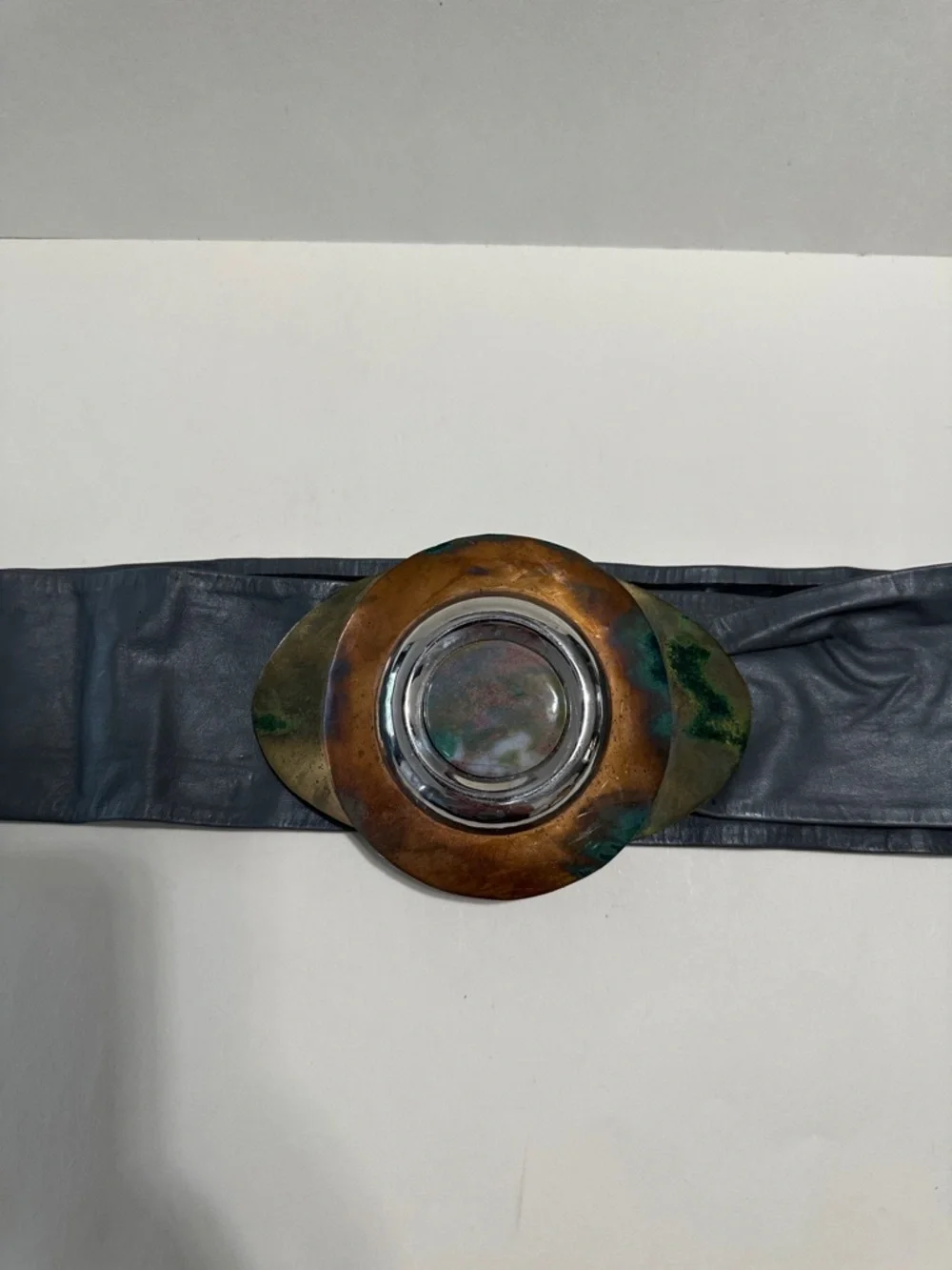 Vintage Artisan Copper Brass Silver Agate Buckle Gray Leather Belt